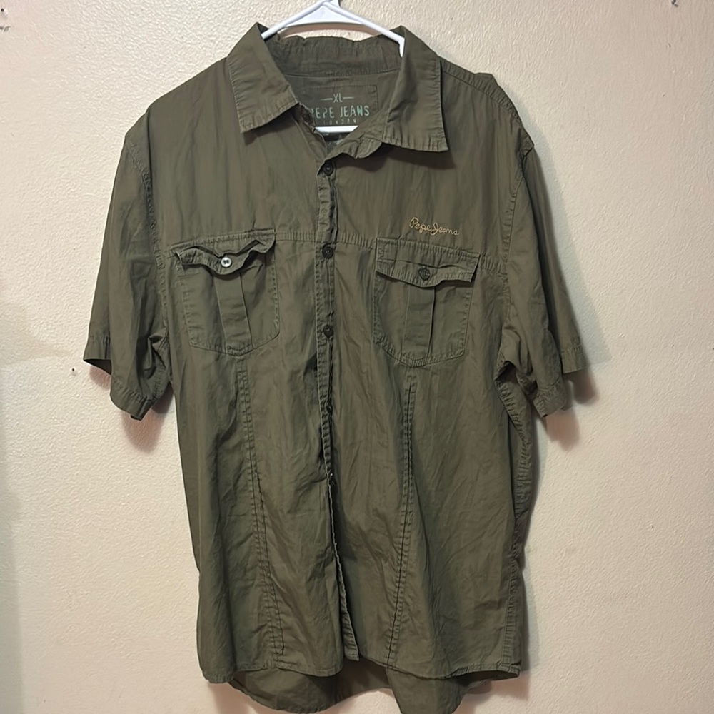 PEPE Jeans London Olive Green Short Sleeve Button-Down Shirt XL